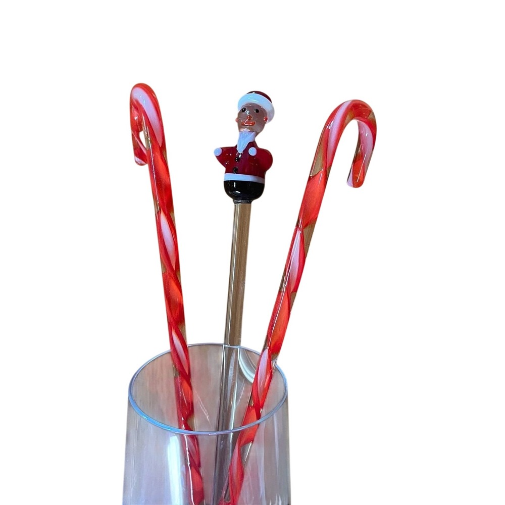 Vintage Glass Santa Cocktail Swizzle Stick + Candy Cane Stir‎ Rods Set of 3